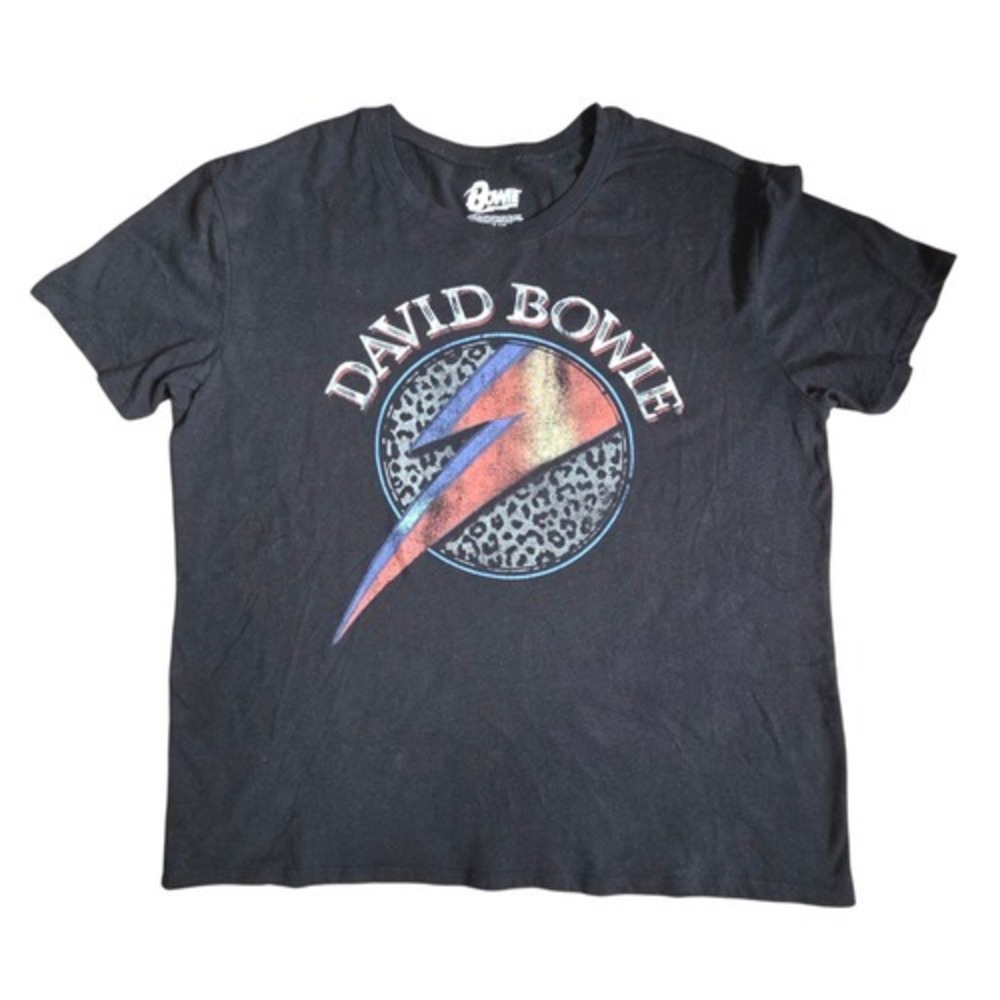 David Bowie Lightning Bolt Leopard Print Black Graphic T-Shirt Size L(12-14)